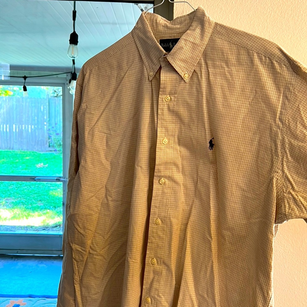 Ralph Lauren L/S neutral plaid dress shirt. BLAKE fit. Large. Button collars.